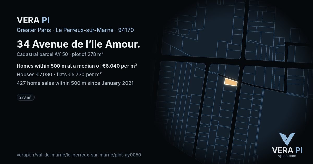 34 Avenue de l’Ile Amour, Le Perreux-sur-Marne at night – the plot lit, the parcels around coloured by the prices near them