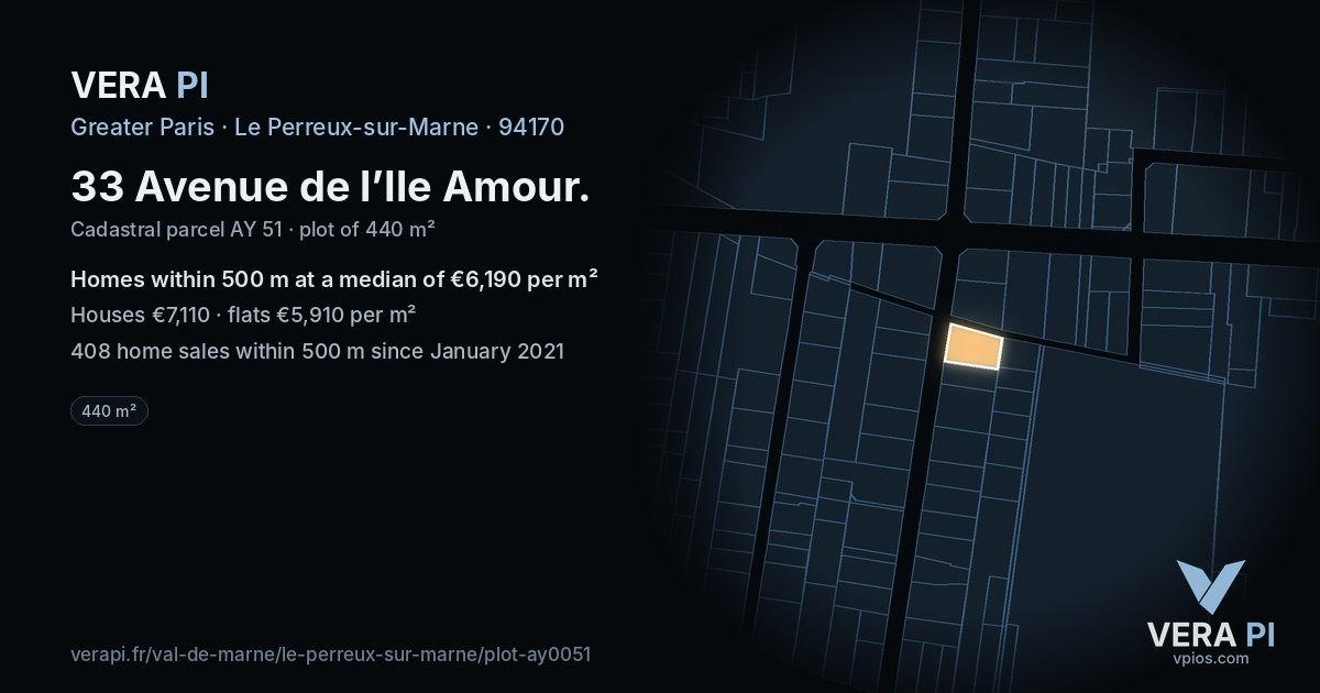 33 Avenue de l’Ile Amour, Le Perreux-sur-Marne at night – the plot lit, the parcels around coloured by the prices near them