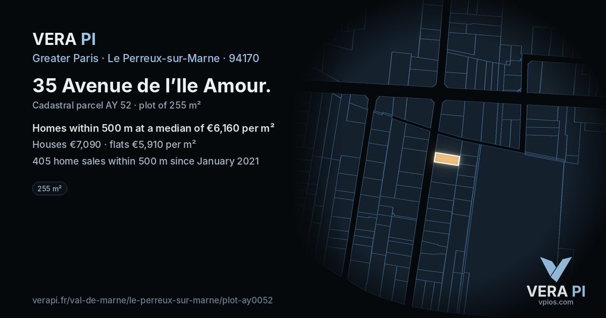 35 Avenue de l’Ile Amour, Le Perreux-sur-Marne at night – the plot lit, the parcels around coloured by the prices near them