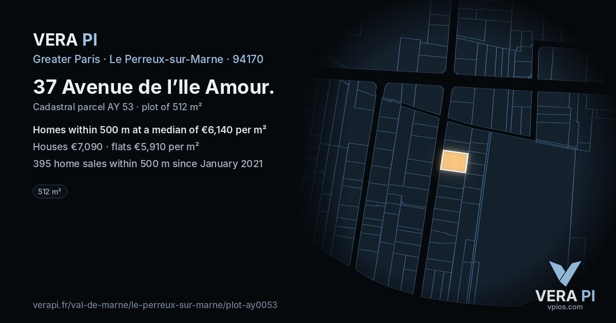 37 Avenue de l’Ile Amour, Le Perreux-sur-Marne at night – the plot lit, the parcels around coloured by the prices near them
