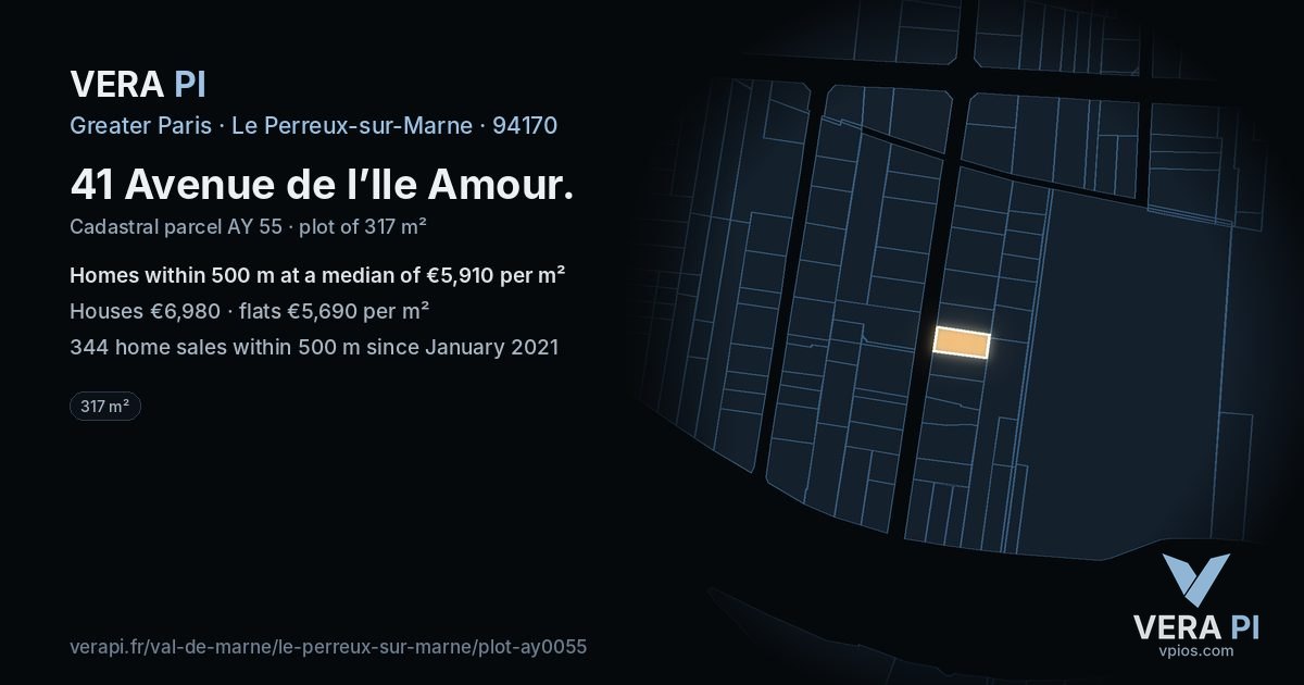 41 Avenue de l’Ile Amour, Le Perreux-sur-Marne at night – the plot lit, the parcels around coloured by the prices near them