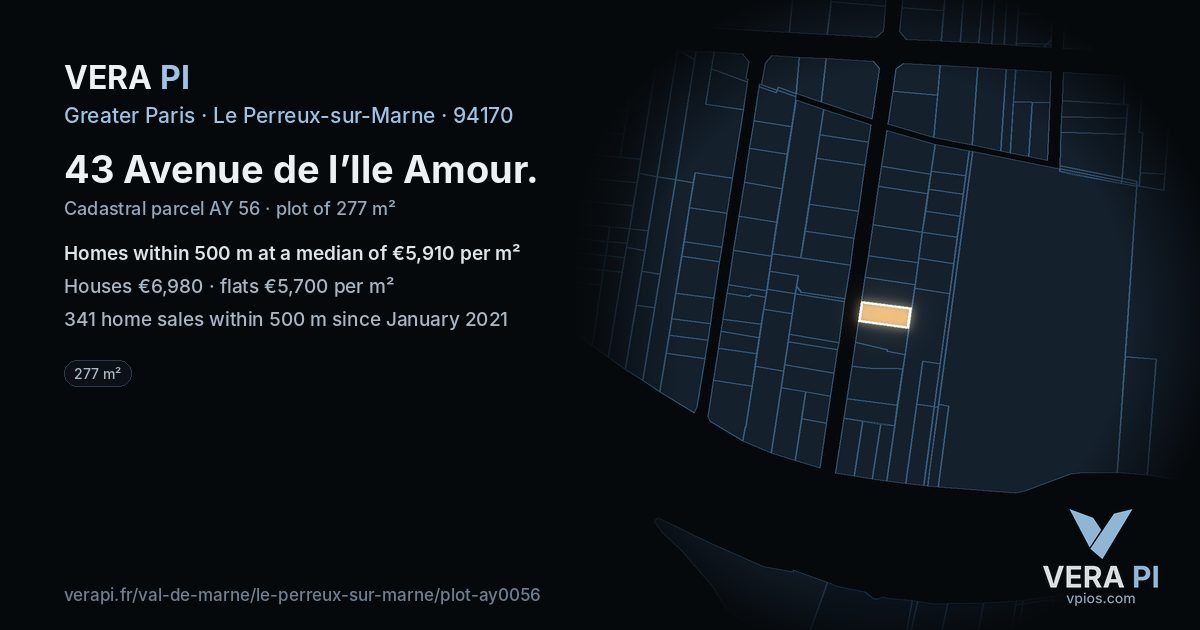 43 Avenue de l’Ile Amour, Le Perreux-sur-Marne at night – the plot lit, the parcels around coloured by the prices near them