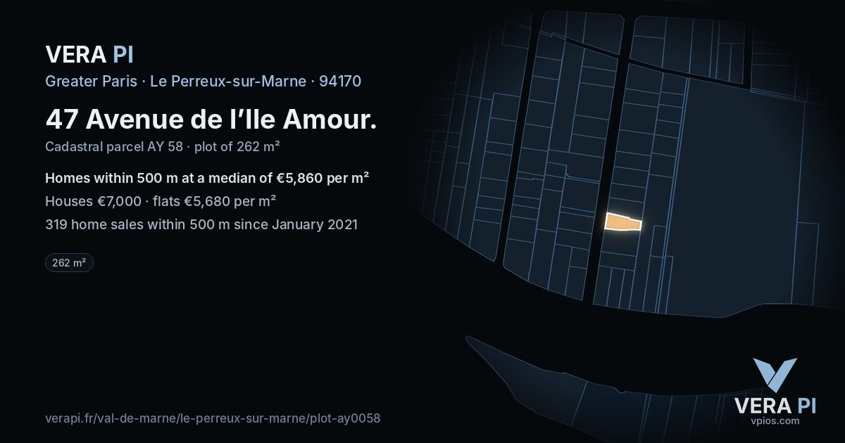 47 Avenue de l’Ile Amour, Le Perreux-sur-Marne at night – the plot lit, the parcels around coloured by the prices near them