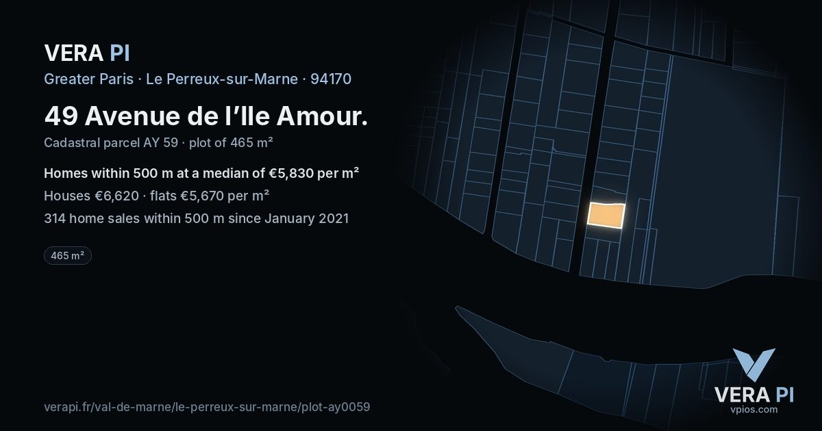 49 Avenue de l’Ile Amour, Le Perreux-sur-Marne at night – the plot lit, the parcels around coloured by the prices near them