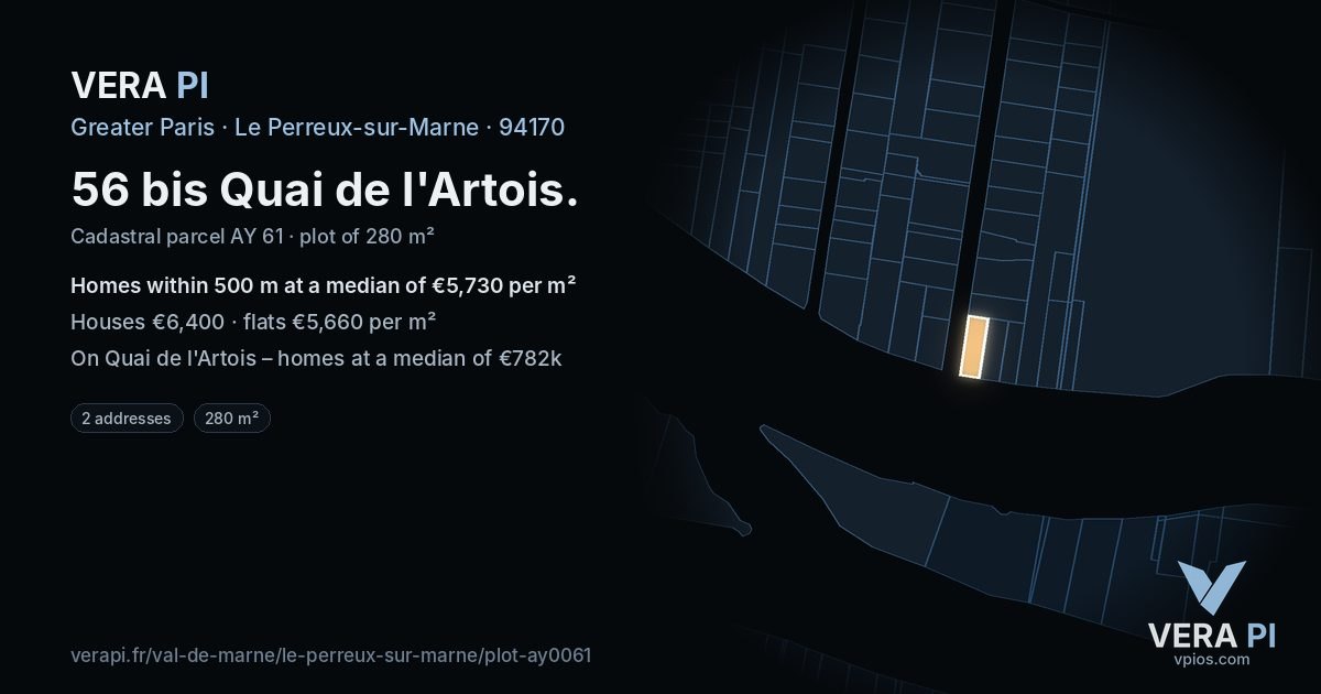 56 bis Quai de l'Artois, Le Perreux-sur-Marne at night – the plot lit, the parcels around coloured by the prices near them