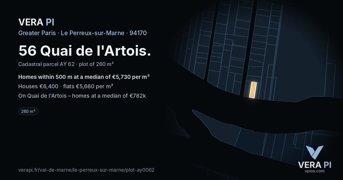 56 Quai de l'Artois, Le Perreux-sur-Marne at night – the plot lit, the parcels around coloured by the prices near them