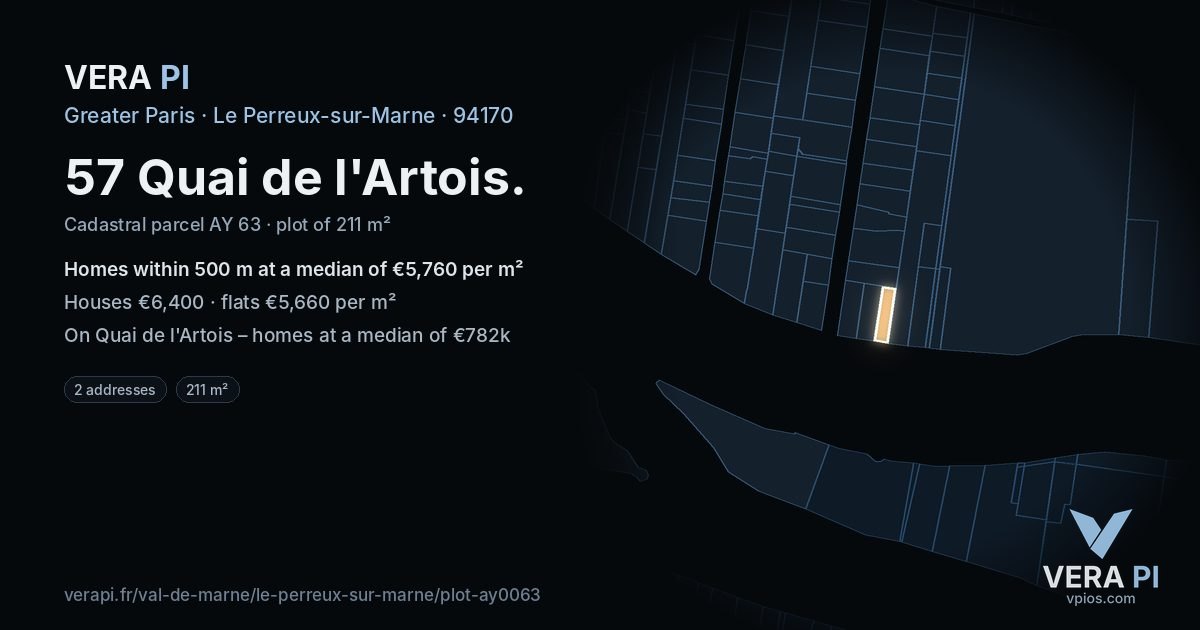 57 Quai de l'Artois, Le Perreux-sur-Marne at night – the plot lit, the parcels around coloured by the prices near them