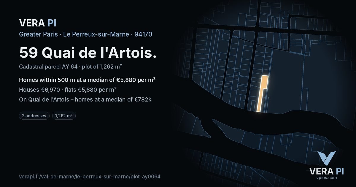 59 Quai de l'Artois, Le Perreux-sur-Marne at night – the plot lit, the parcels around coloured by the prices near them