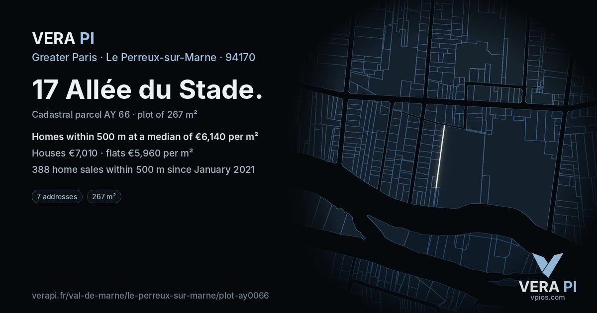17 Allée du Stade, Le Perreux-sur-Marne at night – the plot lit, the parcels around coloured by the prices near them