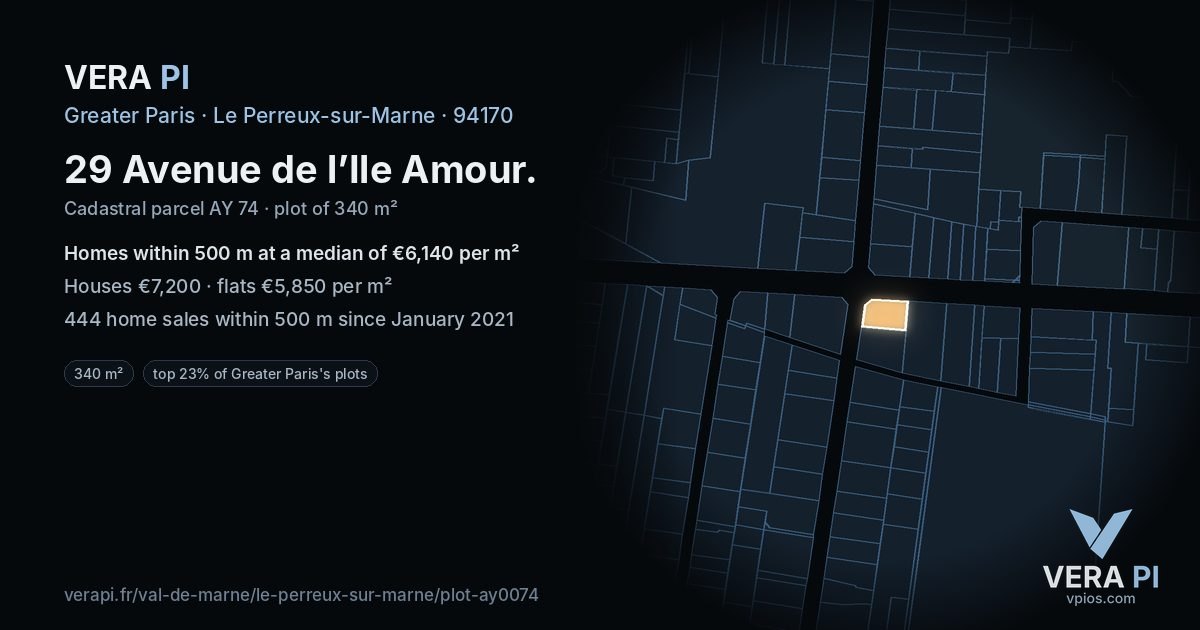29 Avenue de l’Ile Amour, Le Perreux-sur-Marne at night – the plot lit, the parcels around coloured by the prices near them