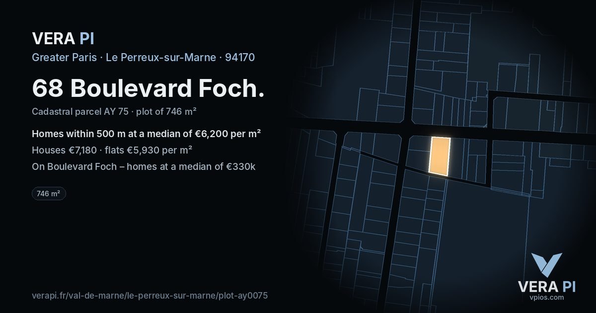 68 Boulevard Foch, Le Perreux-sur-Marne at night – the plot lit, the parcels around coloured by the prices near them