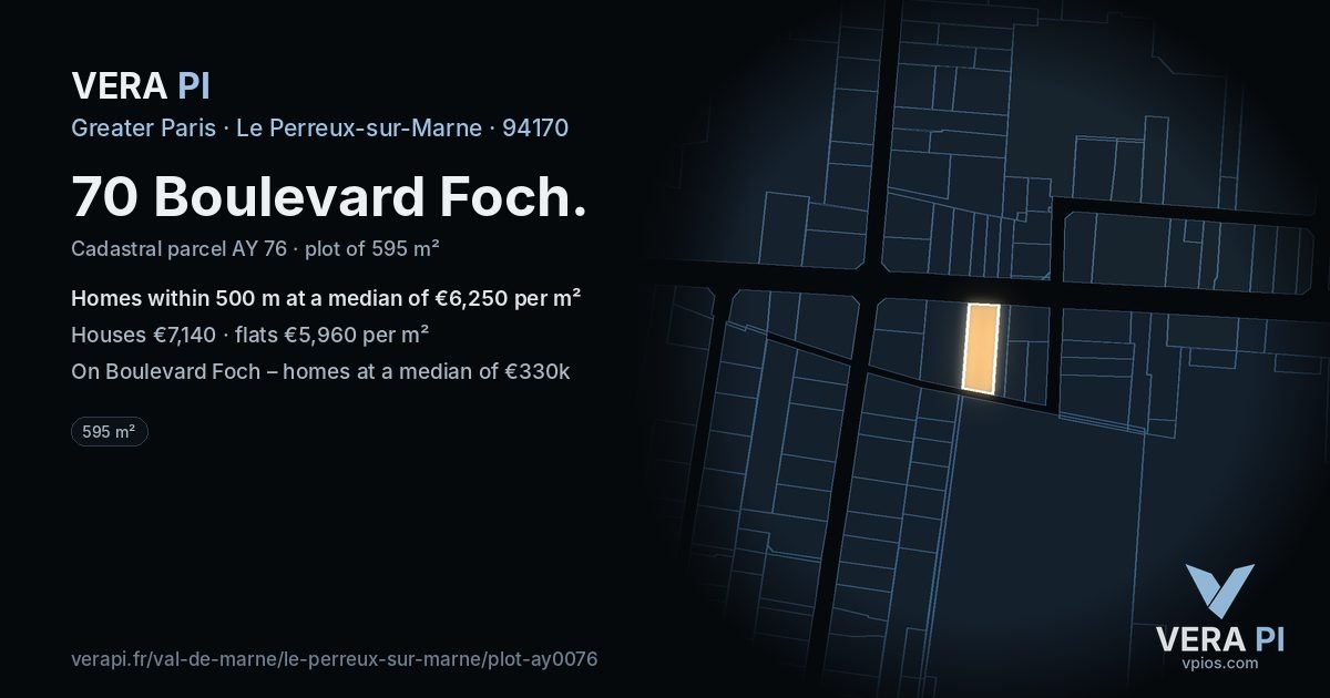 70 Boulevard Foch, Le Perreux-sur-Marne at night – the plot lit, the parcels around coloured by the prices near them