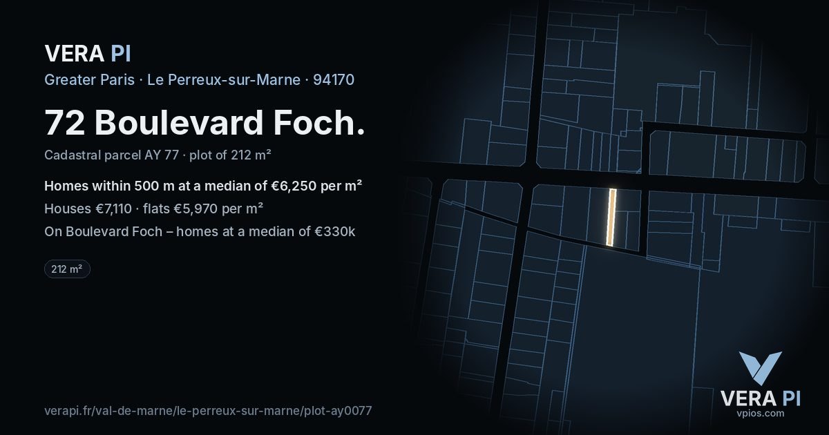 72 Boulevard Foch, Le Perreux-sur-Marne at night – the plot lit, the parcels around coloured by the prices near them