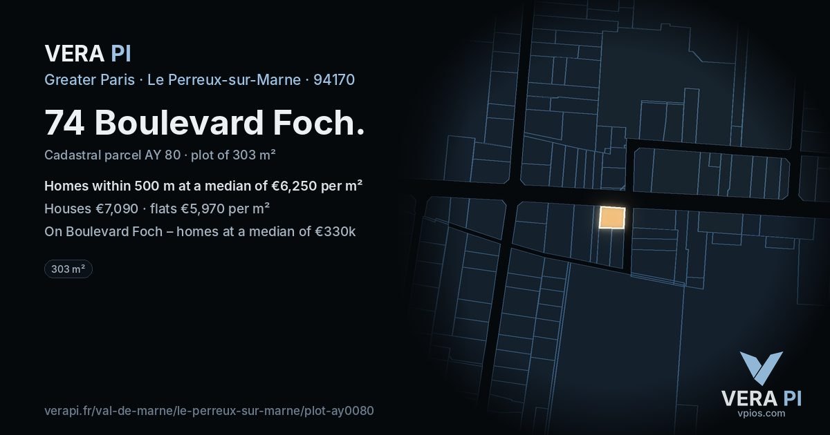 74 Boulevard Foch, Le Perreux-sur-Marne at night – the plot lit, the parcels around coloured by the prices near them