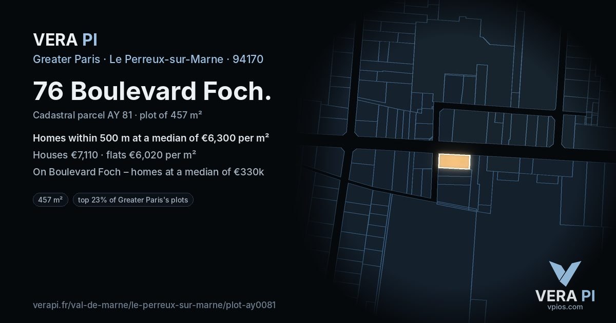 76 Boulevard Foch, Le Perreux-sur-Marne at night – the plot lit, the parcels around coloured by the prices near them