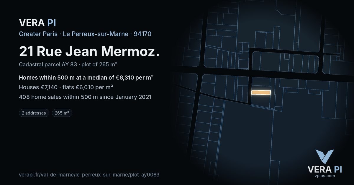 21 Rue Jean Mermoz, Le Perreux-sur-Marne at night – the plot lit, the parcels around coloured by the prices near them