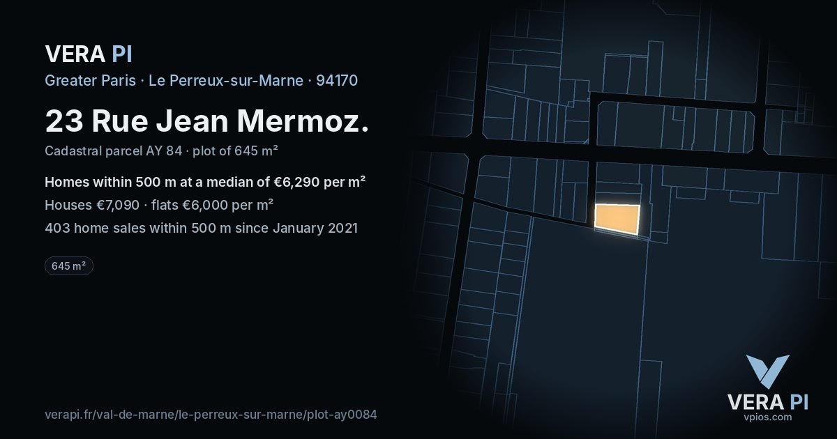 23 Rue Jean Mermoz, Le Perreux-sur-Marne at night – the plot lit, the parcels around coloured by the prices near them