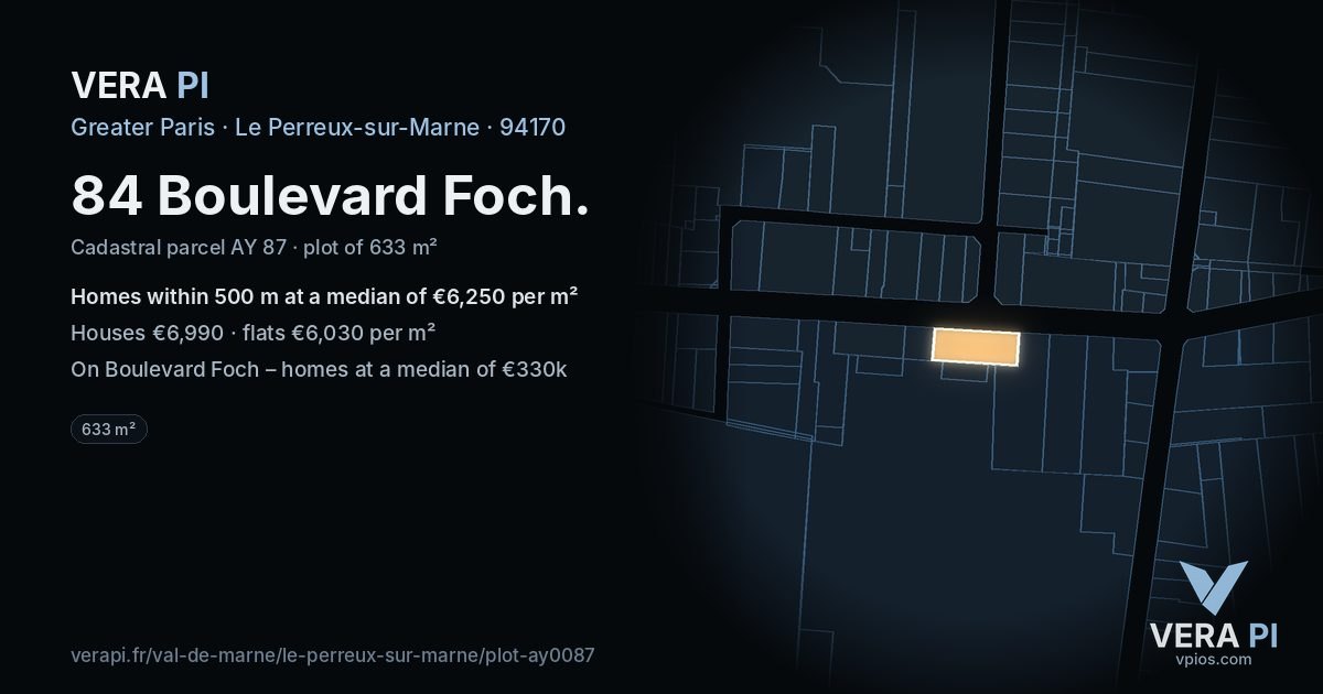 84 Boulevard Foch, Le Perreux-sur-Marne at night – the plot lit, the parcels around coloured by the prices near them