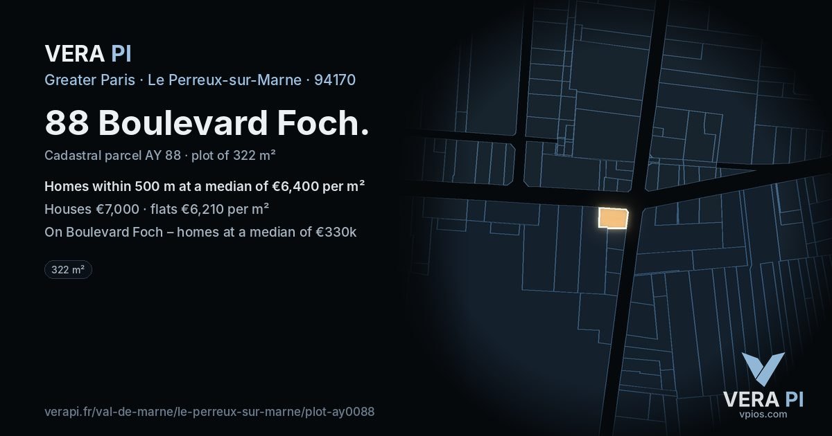 88 Boulevard Foch, Le Perreux-sur-Marne at night – the plot lit, the parcels around coloured by the prices near them