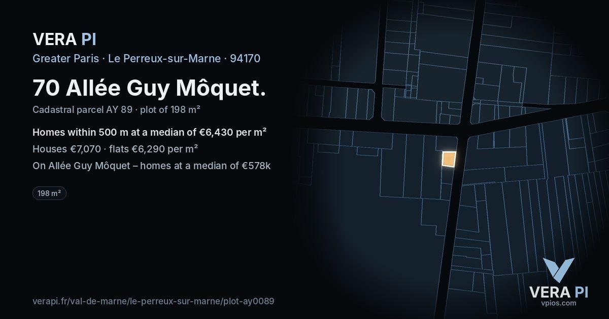 70 Allée Guy Môquet, Le Perreux-sur-Marne at night – the plot lit, the parcels around coloured by the prices near them