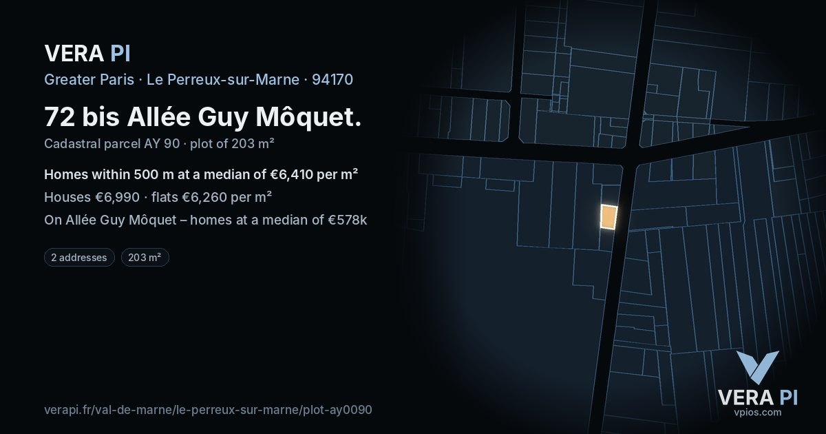 72 bis Allée Guy Môquet, Le Perreux-sur-Marne at night – the plot lit, the parcels around coloured by the prices near them