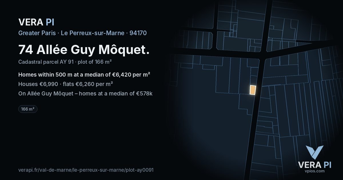 74 Allée Guy Môquet, Le Perreux-sur-Marne at night – the plot lit, the parcels around coloured by the prices near them