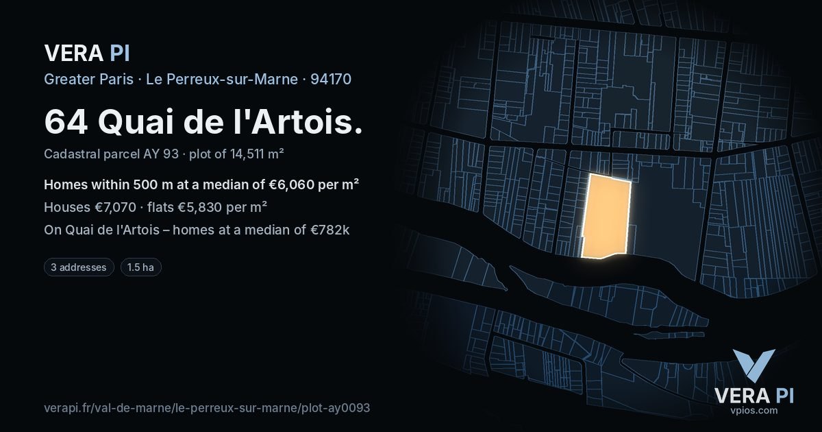 64 Quai de l'Artois, Le Perreux-sur-Marne at night – the plot lit, the parcels around coloured by the prices near them