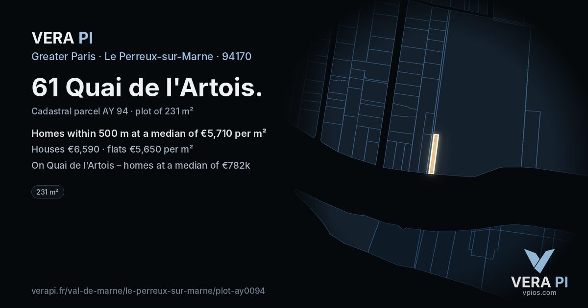 61 Quai de l'Artois, Le Perreux-sur-Marne at night – the plot lit, the parcels around coloured by the prices near them