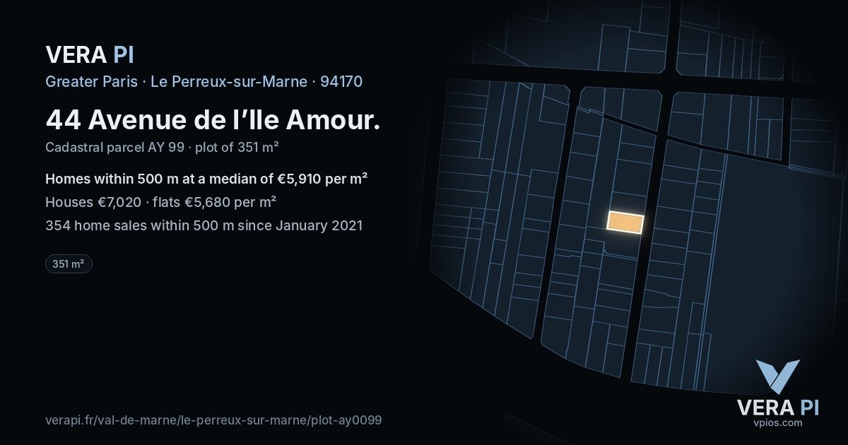 44 Avenue de l’Ile Amour, Le Perreux-sur-Marne at night – the plot lit, the parcels around coloured by the prices near them