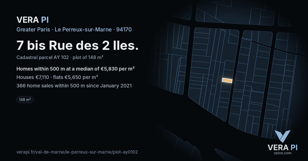7 bis Rue des 2 Iles, Le Perreux-sur-Marne at night – the plot lit, the parcels around coloured by the prices near them