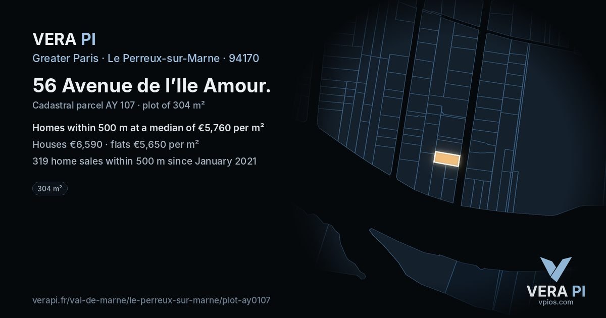 56 Avenue de l’Ile Amour, Le Perreux-sur-Marne at night – the plot lit, the parcels around coloured by the prices near them