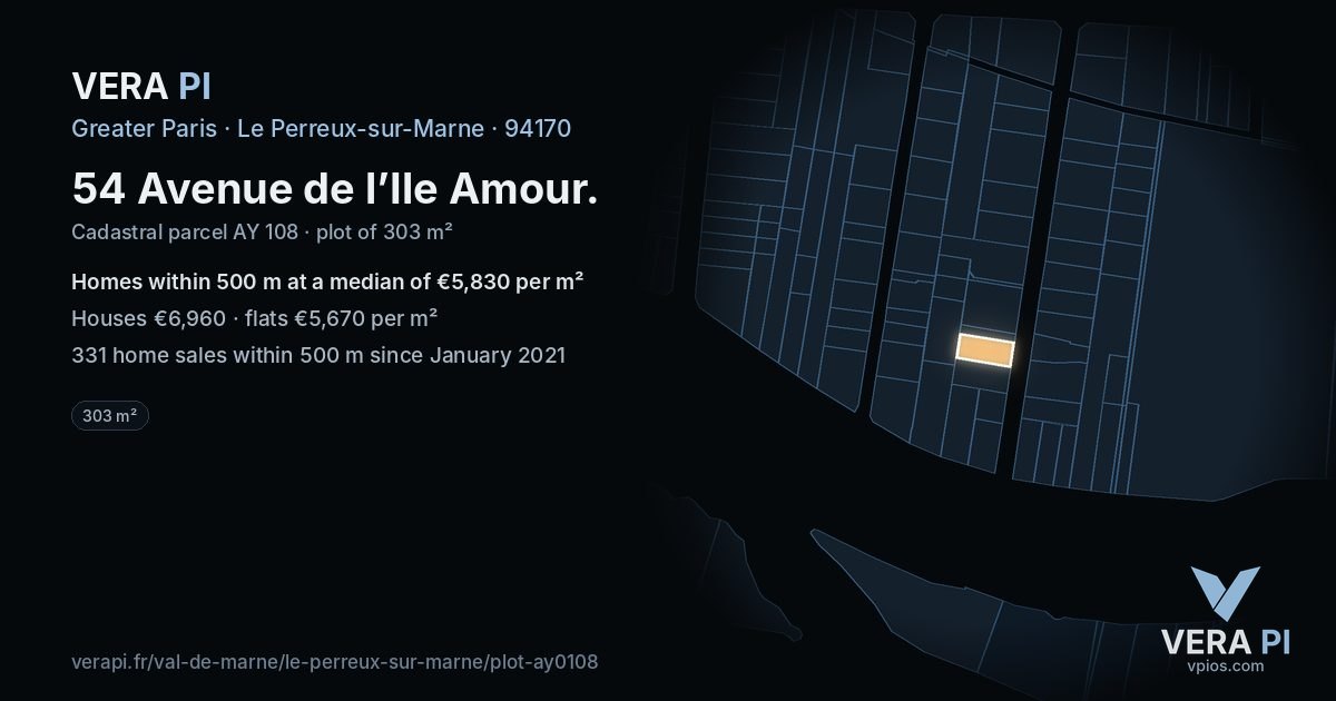 54 Avenue de l’Ile Amour, Le Perreux-sur-Marne at night – the plot lit, the parcels around coloured by the prices near them