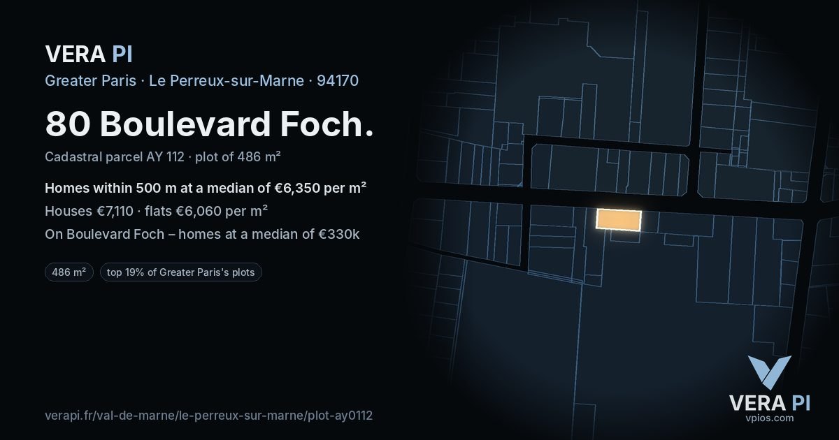 80 Boulevard Foch, Le Perreux-sur-Marne at night – the plot lit, the parcels around coloured by the prices near them