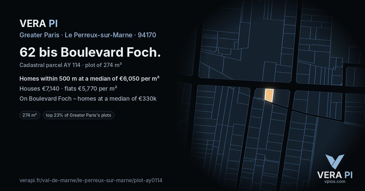 62 bis Boulevard Foch, Le Perreux-sur-Marne at night – the plot lit, the parcels around coloured by the prices near them