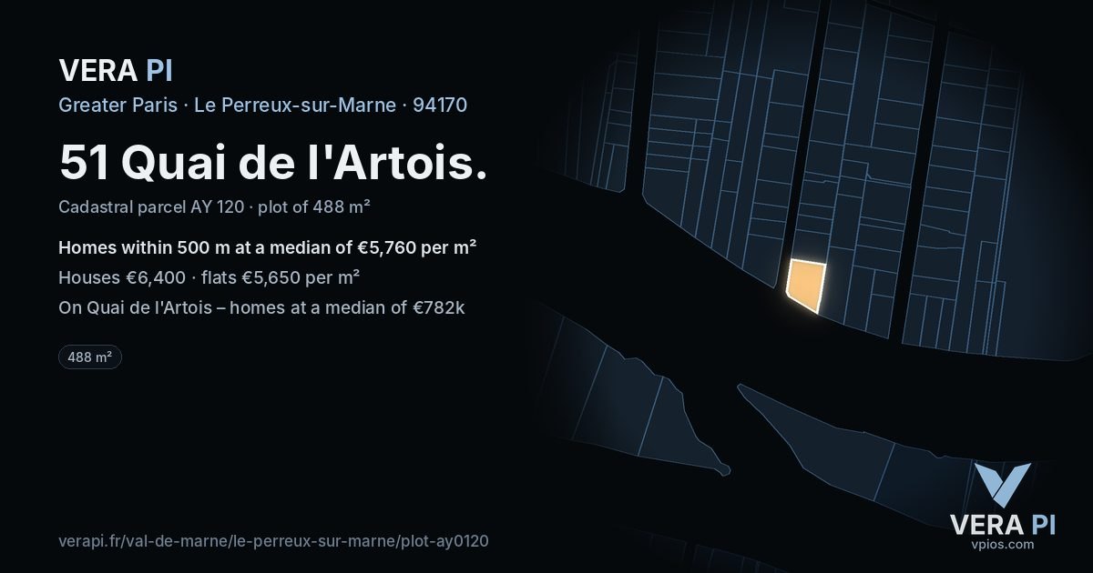 51 Quai de l'Artois, Le Perreux-sur-Marne at night – the plot lit, the parcels around coloured by the prices near them