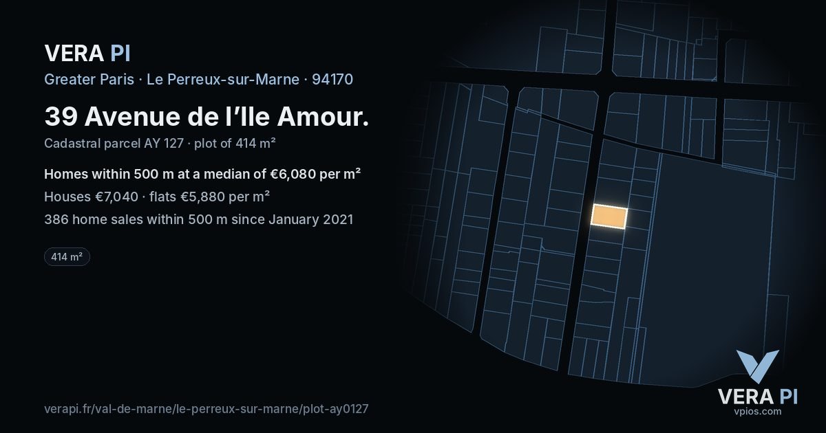 39 Avenue de l’Ile Amour, Le Perreux-sur-Marne at night – the plot lit, the parcels around coloured by the prices near them