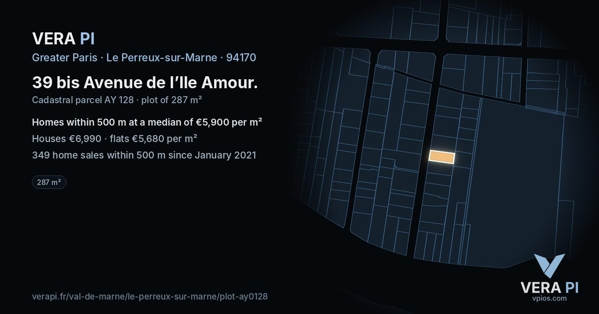 39 bis Avenue de l’Ile Amour, Le Perreux-sur-Marne at night – the plot lit, the parcels around coloured by the prices near them