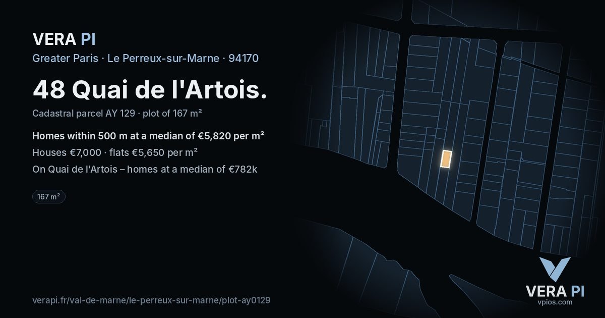 48 Quai de l'Artois, Le Perreux-sur-Marne at night – the plot lit, the parcels around coloured by the prices near them