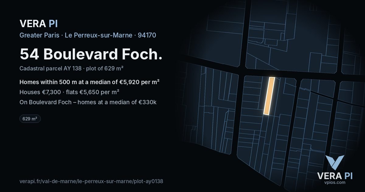 54 Boulevard Foch, Le Perreux-sur-Marne at night – the plot lit, the parcels around coloured by the prices near them