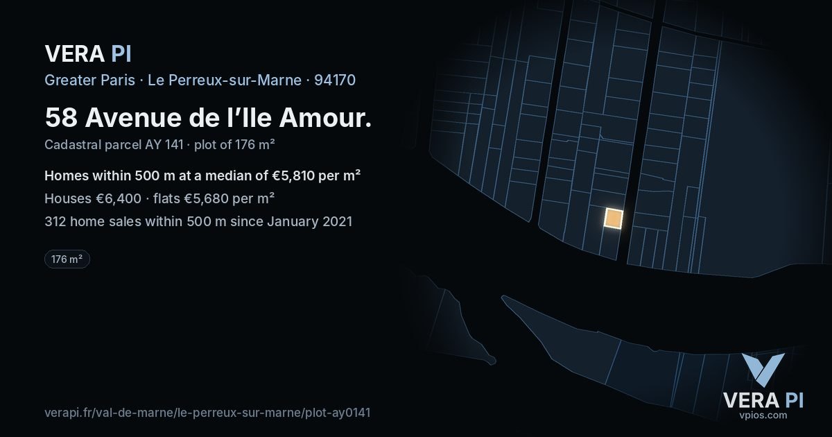 58 Avenue de l’Ile Amour, Le Perreux-sur-Marne at night – the plot lit, the parcels around coloured by the prices near them