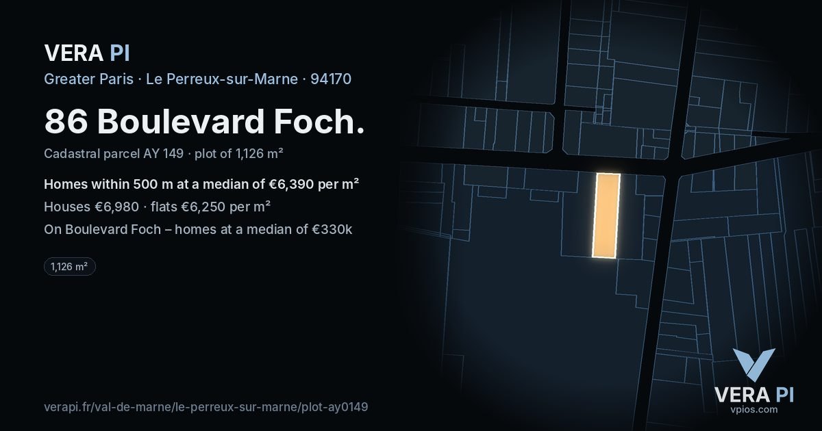 86 Boulevard Foch, Le Perreux-sur-Marne at night – the plot lit, the parcels around coloured by the prices near them