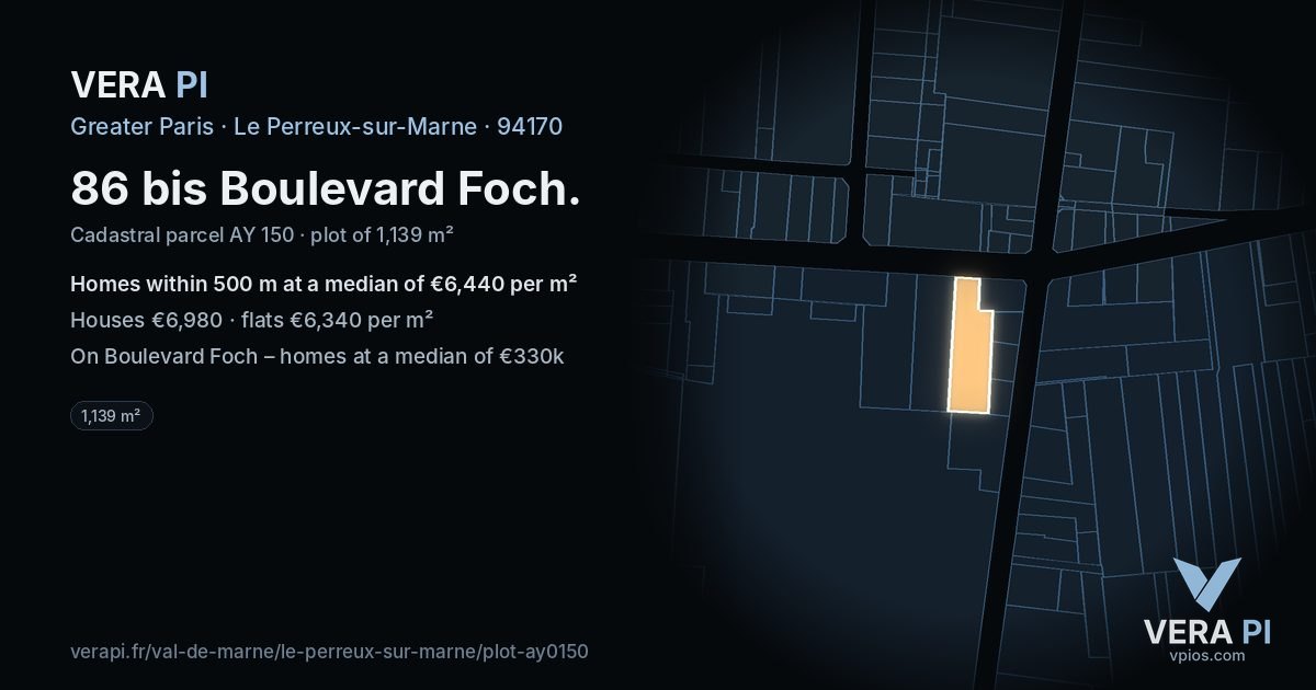 86 bis Boulevard Foch, Le Perreux-sur-Marne at night – the plot lit, the parcels around coloured by the prices near them