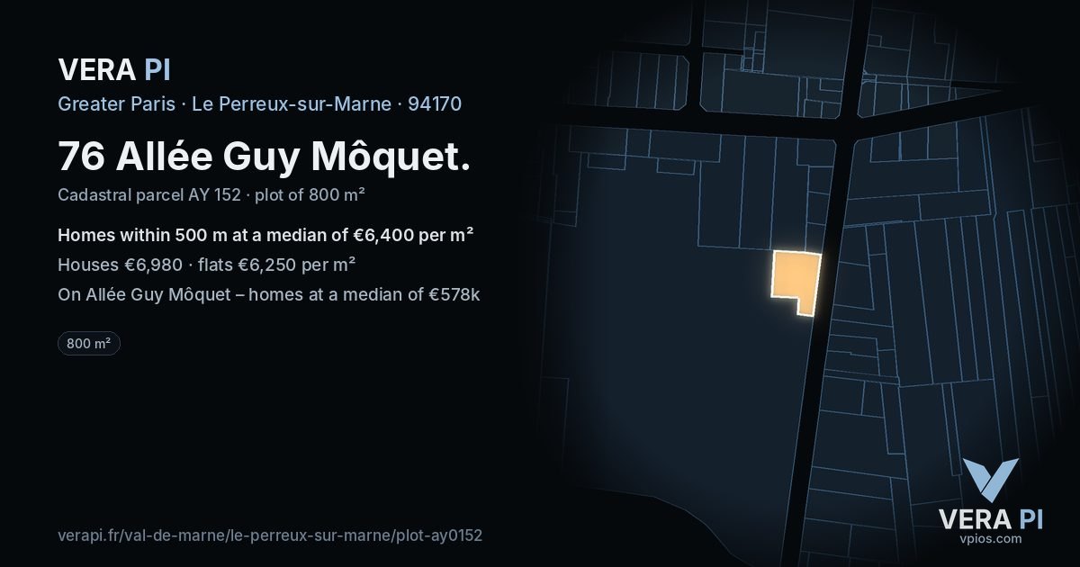 76 Allée Guy Môquet, Le Perreux-sur-Marne at night – the plot lit, the parcels around coloured by the prices near them