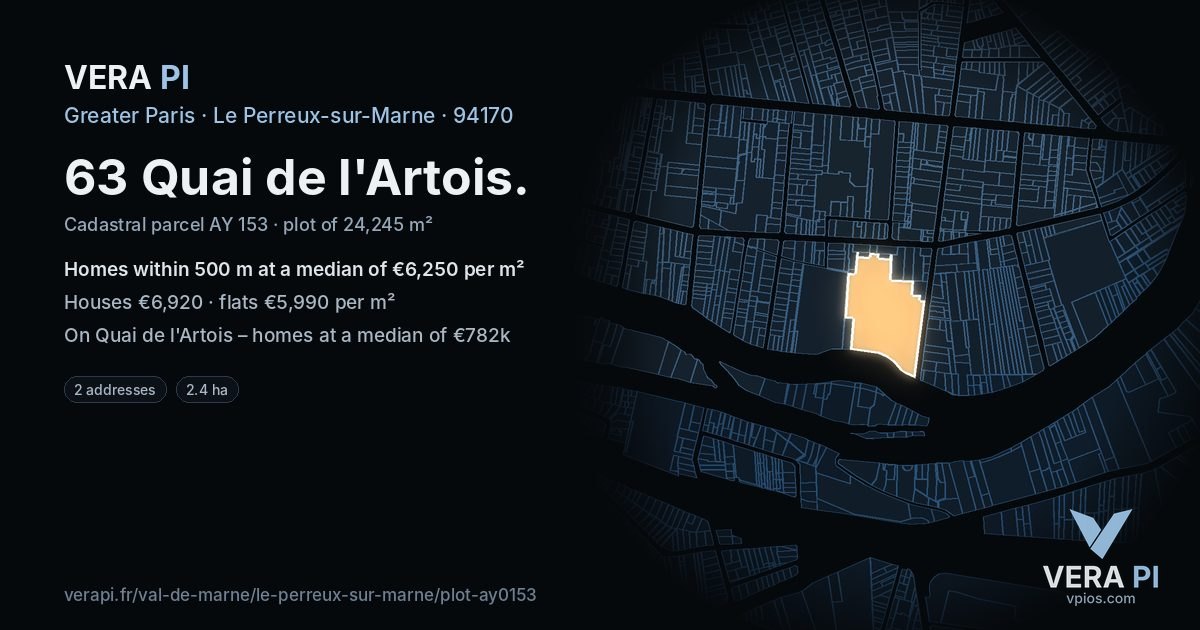 63 Quai de l'Artois, Le Perreux-sur-Marne at night – the plot lit, the parcels around coloured by the prices near them