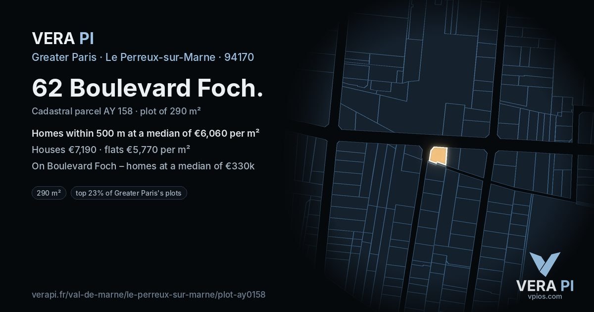 62 Boulevard Foch, Le Perreux-sur-Marne at night – the plot lit, the parcels around coloured by the prices near them