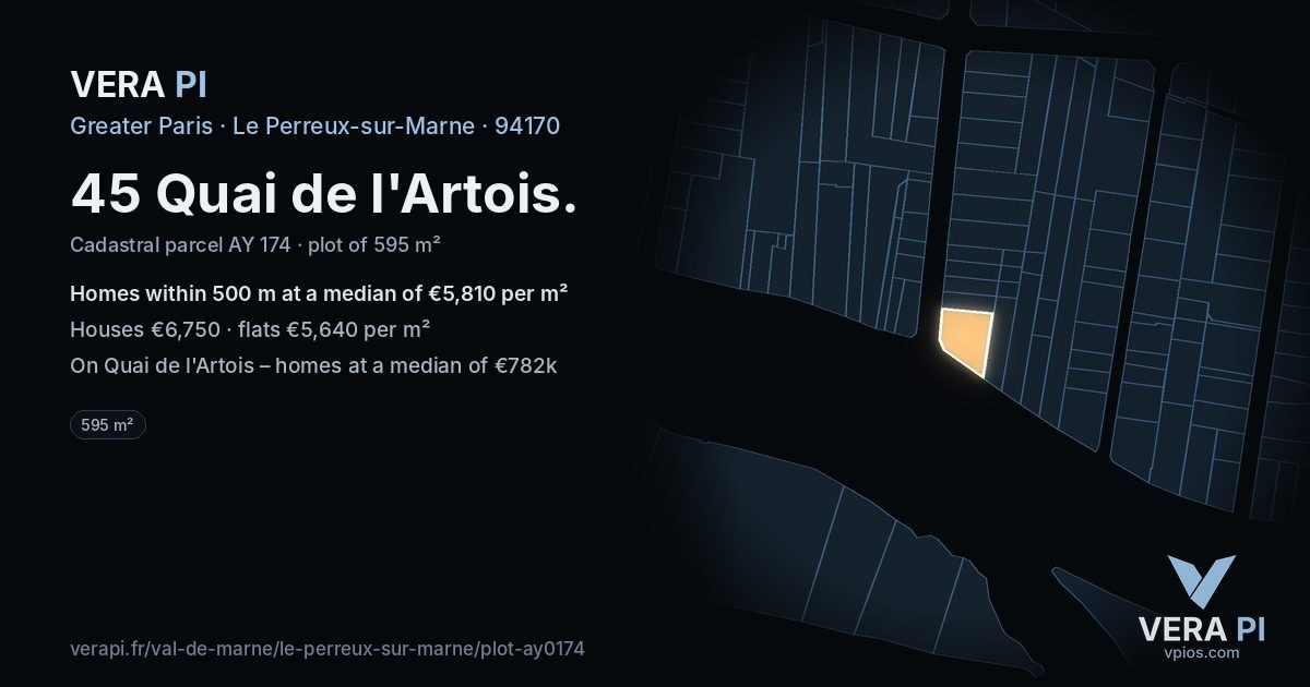 45 Quai de l'Artois, Le Perreux-sur-Marne at night – the plot lit, the parcels around coloured by the prices near them