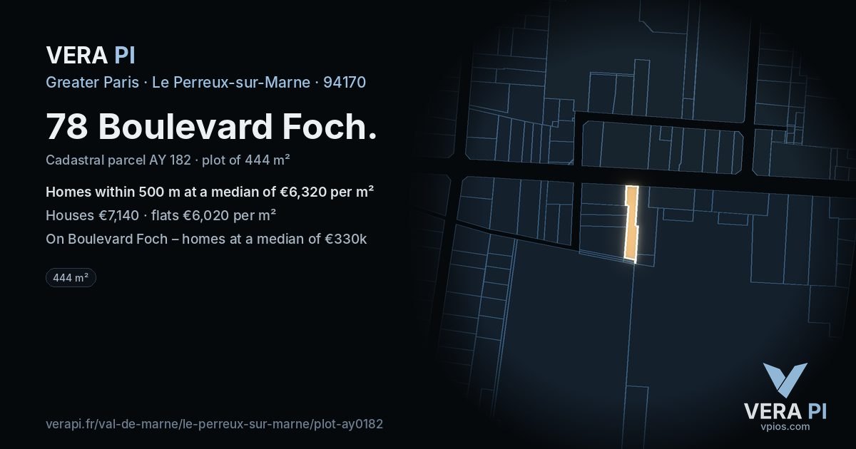 78 Boulevard Foch, Le Perreux-sur-Marne at night – the plot lit, the parcels around coloured by the prices near them