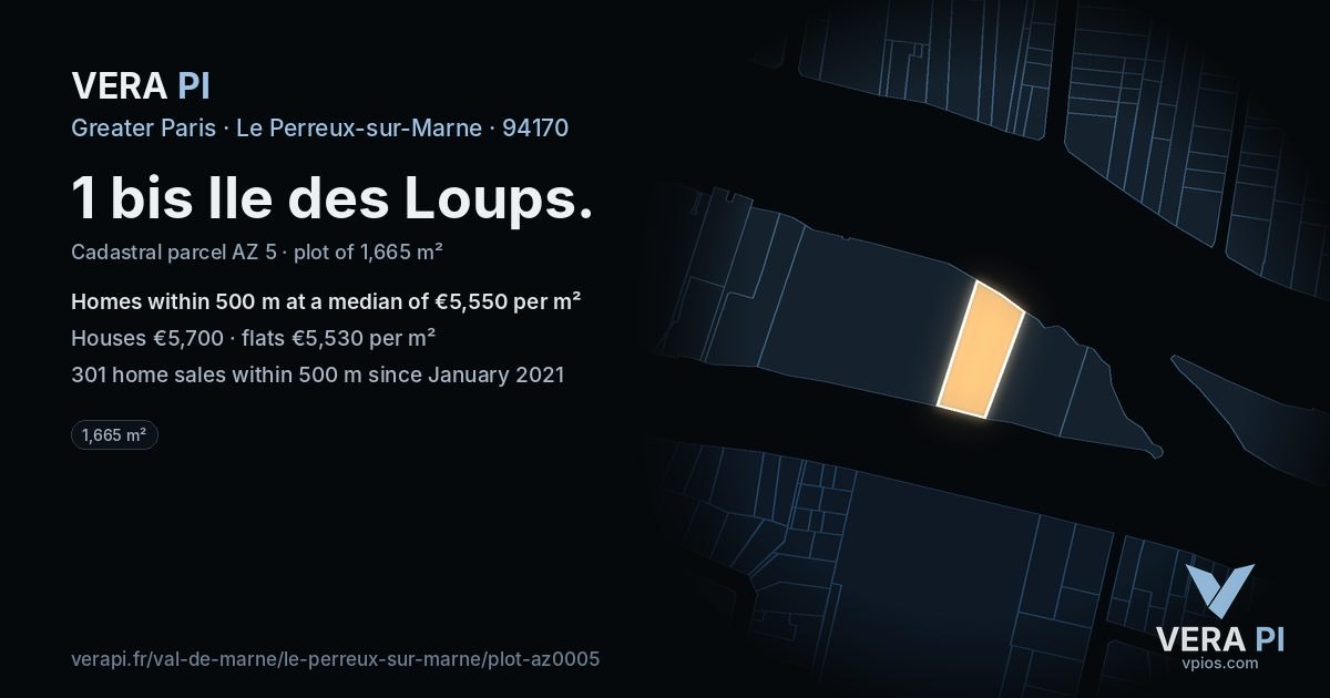 1 bis Ile des Loups, Le Perreux-sur-Marne at night – the plot lit, the parcels around coloured by the prices near them