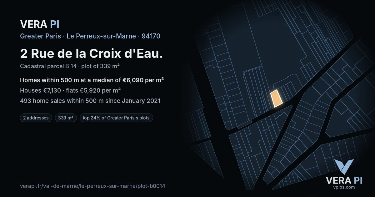 2 Rue de la Croix d'Eau, Le Perreux-sur-Marne at night – the plot lit, the parcels around coloured by the prices near them