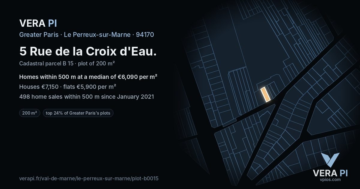 5 Rue de la Croix d'Eau, Le Perreux-sur-Marne at night – the plot lit, the parcels around coloured by the prices near them